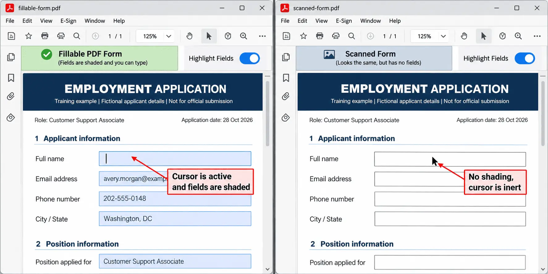 Compare a fillable PDF with highlighted fields and an active text cursor against a scanned PDF with no interactive fields, using the same PDF reader settings