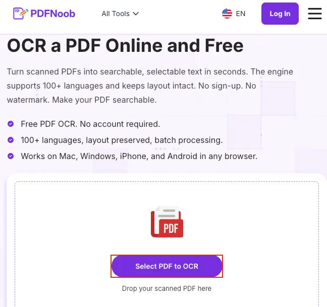 Open PDFNoob’s OCR PDF tool and click Select PDF to OCR