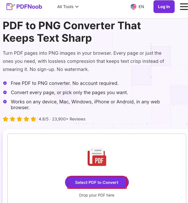 Open PDFNoob’s PDF to PNG converter in your browser and drop your PDF for conversion