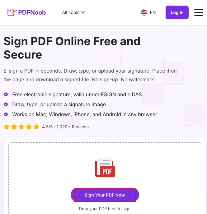 Open PDFNoob’s Sign PDF tool and drop your PDF