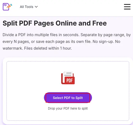 Open PDFNoob Split PDF tool and click Select PDF to Split