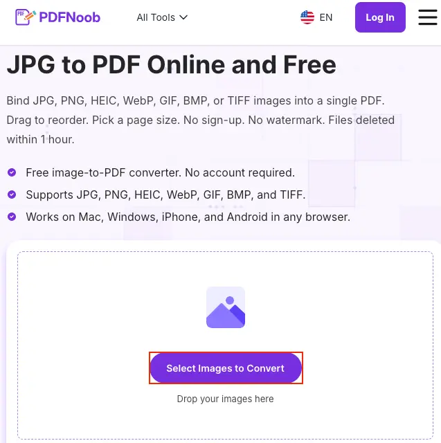 Open PDFNoob JPG to PDF and click Select Images to Convert