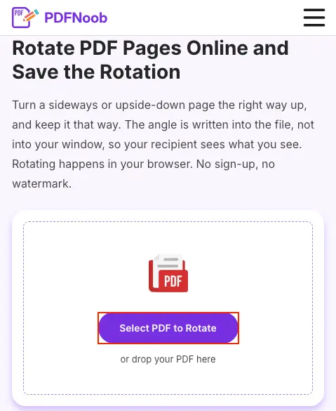 Open the PDFNoob Rotate PDF tool and click Select PDF to Rotate