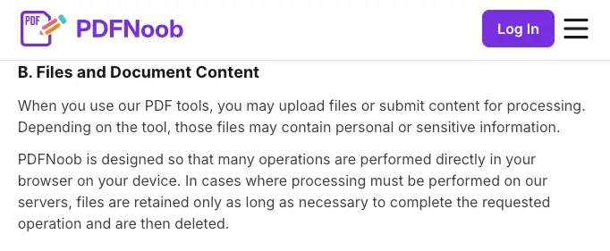 PDFNoob privacy policy explaining how uploaded PDF files are processed and retained