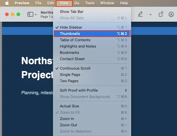 Extract pages from a PDF on a Mac by opening the PDF in Preview and choosing Thumbnails from View option