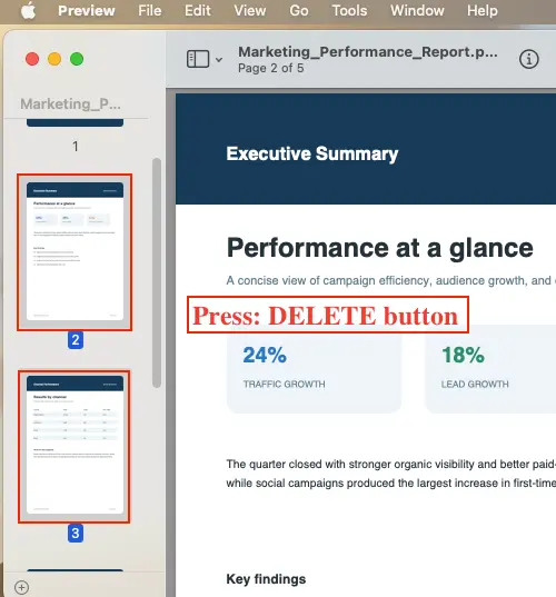 Choose the pages you want to delete and press Delete key from the keyboard to delete those pages