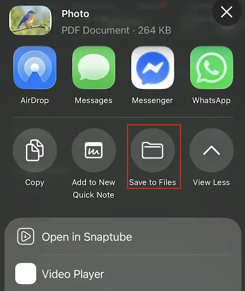 Select Save to Files to save the converted image as a PDF on iPhone
