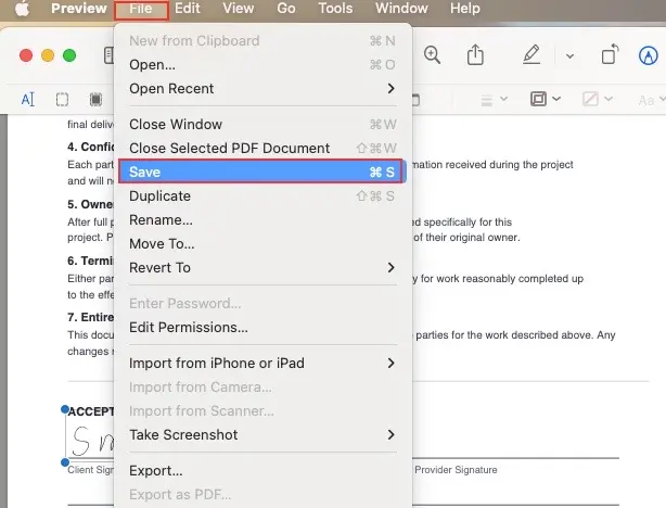 After placing the signature, click file and select Save to update the pdf with signature