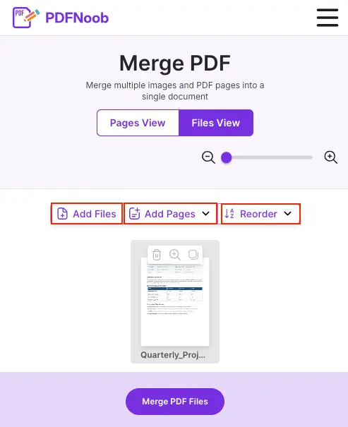 Add Files, Add Pages, and Reorder options in the PDFNoob Merge PDF tool
