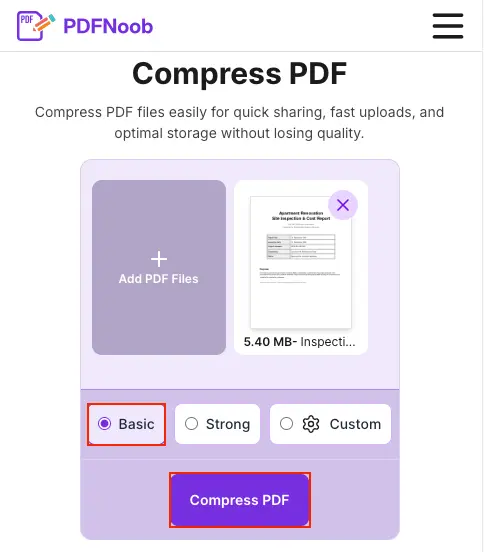 Select Basic, Strong, or Custom compression and click Compress PDF