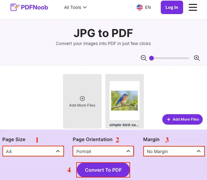Select the page size, orientation, and margin, then click Convert To PDF