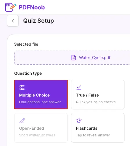 Select Multiple Choice in PDFNoob Quiz Setup to generate questions with four answer options