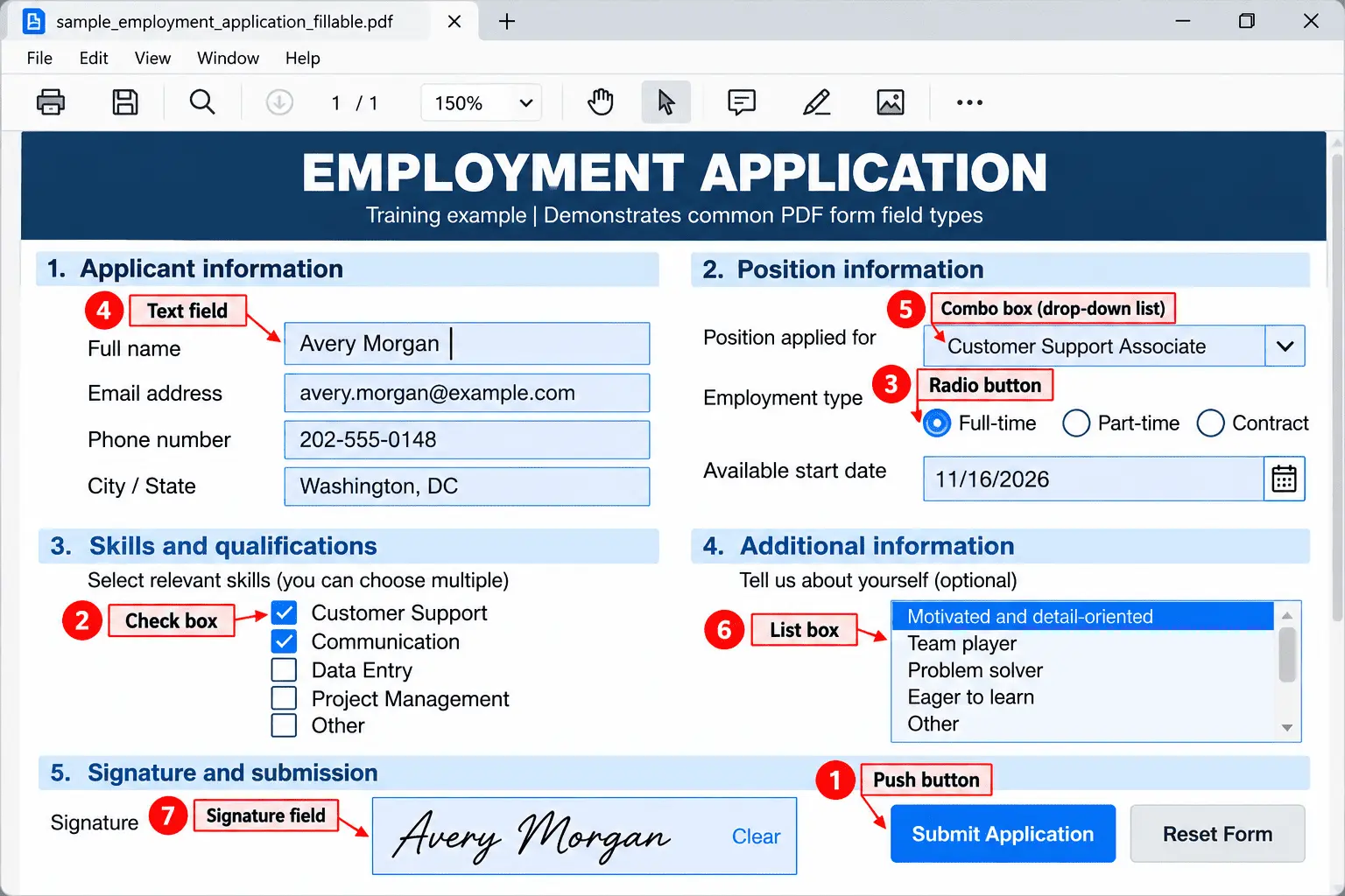 Employment application showing seven PDF form controls, including push buttons, checkboxes, radio buttons, text fields, combo boxes, list boxes, and signature fields