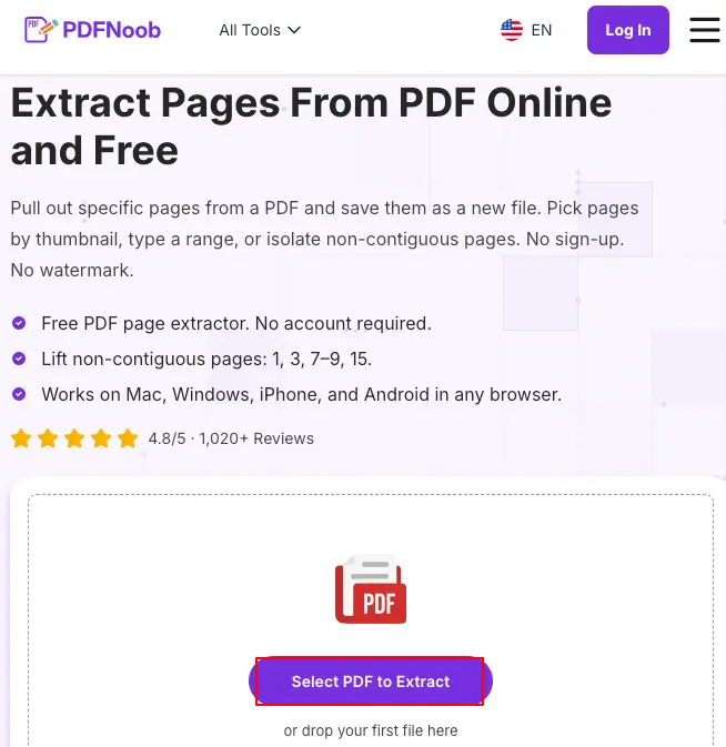 Open PDFNoob’s Extract PDF Pages tool and choose Select PDF to Extract to upload your PDF