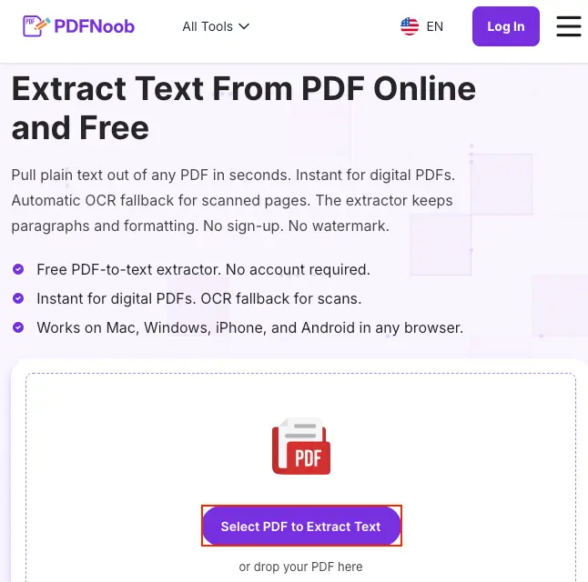 Open the PDF to Text tool and choose Select PDF to Extract Text
