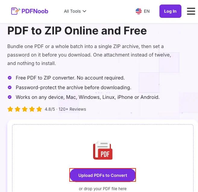 Open PDFNoob’s PDF to ZIP tool and upload the PDF to convert