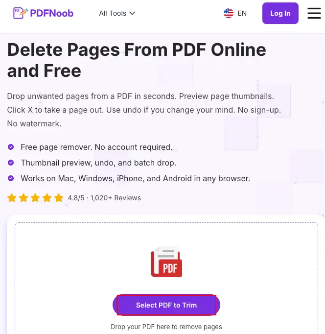 Open PDFNoob’s Remove PDF Pages tool and click Select PDF to Trim