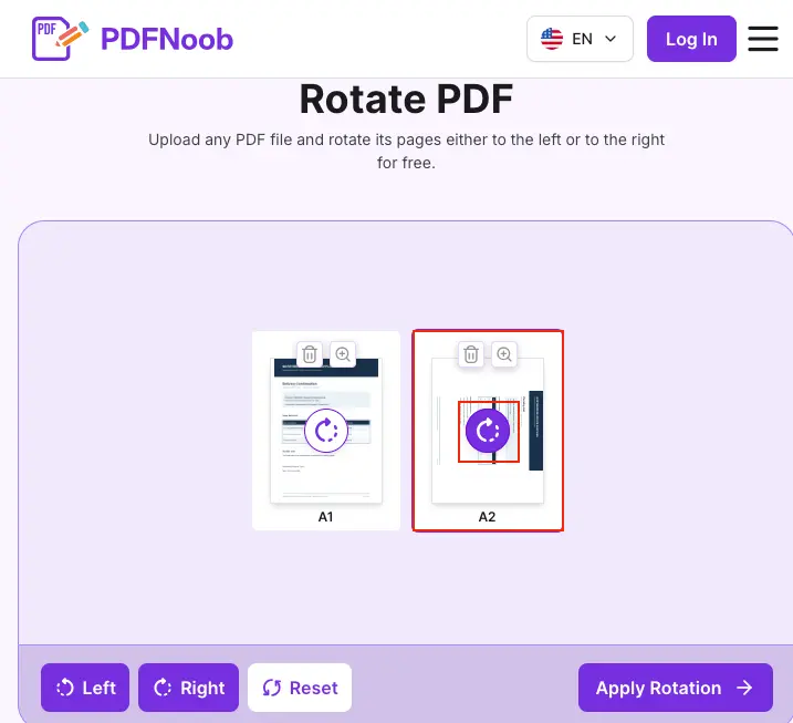 Select a PDF page and use the Left or Right rotation options in PDFNoob