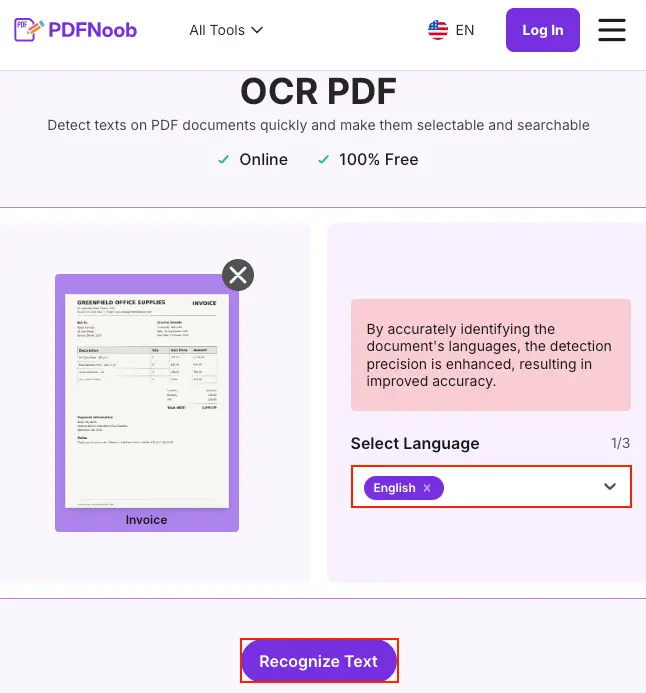 Choose the document language and click Recognize Text