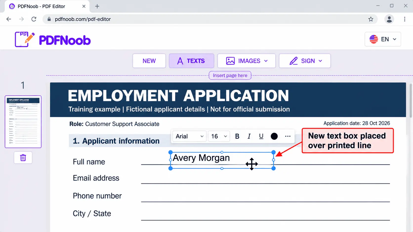 PDFNoob PDF editor showing a selected text box containing Avery Morgan positioned over the printed Full name line, with text formatting controls visible
