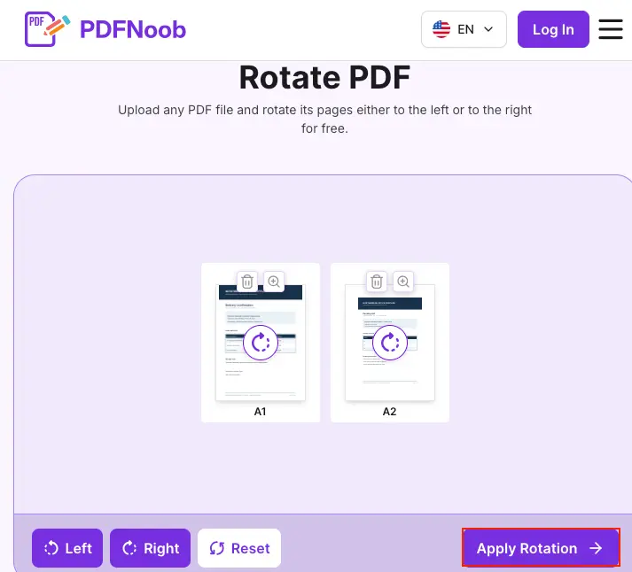 Check the rotated PDF pages and click Apply Rotation in PDFNoob