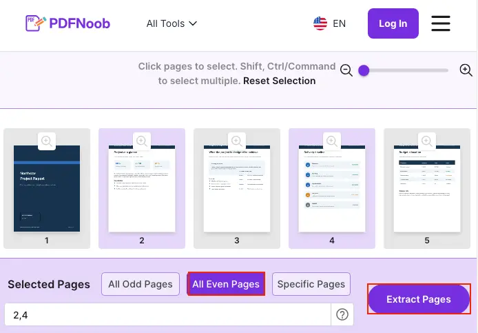 After uploading, choose All Even Pages to extract pages with even numbers, and click Extract Pages