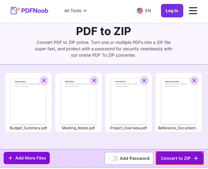 After uploading, click the Convert to ZIP button to start zipping the PDFs