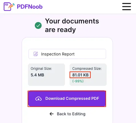 View the compressed PDF file size and click Download Compressed PDF