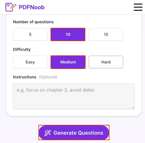 Select 10 questions and Medium difficulty in PDFNoob, then click Generate Questions to create a quiz from the uploaded PDF