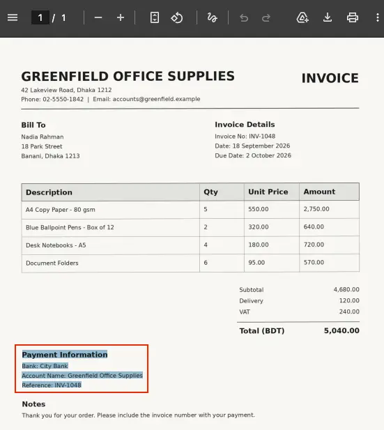 Open the processed PDF and select text to confirm the file is now searchable