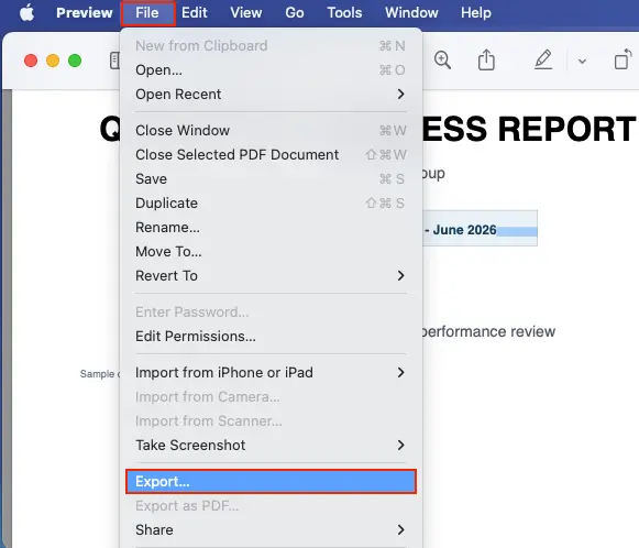 Open the File menu in Mac Preview and select Export