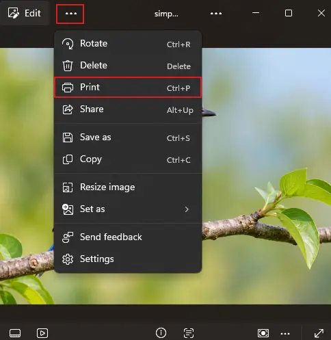 Open the image menu in Windows Photos and select Print