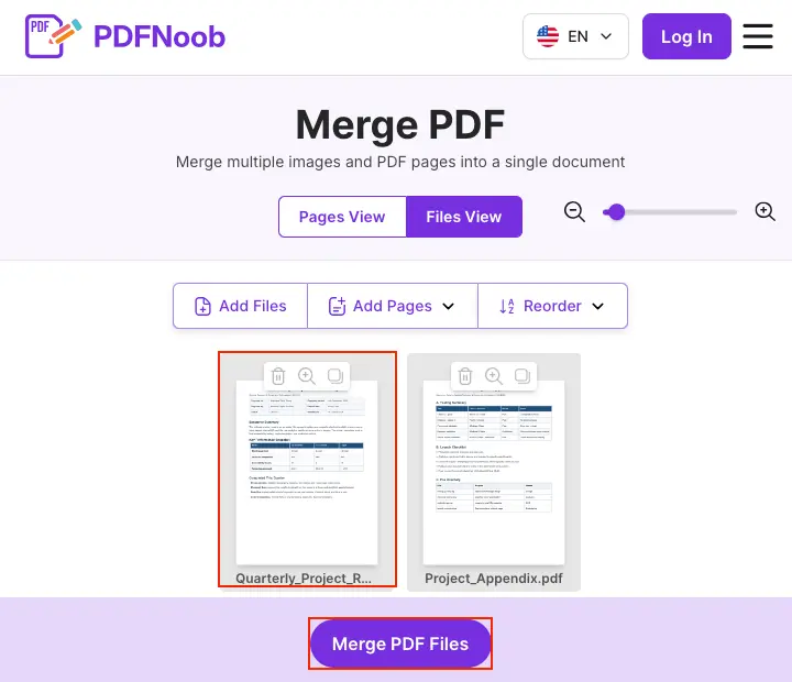 Reorder PDF pages in PDFNoob and click Merge PDF Files