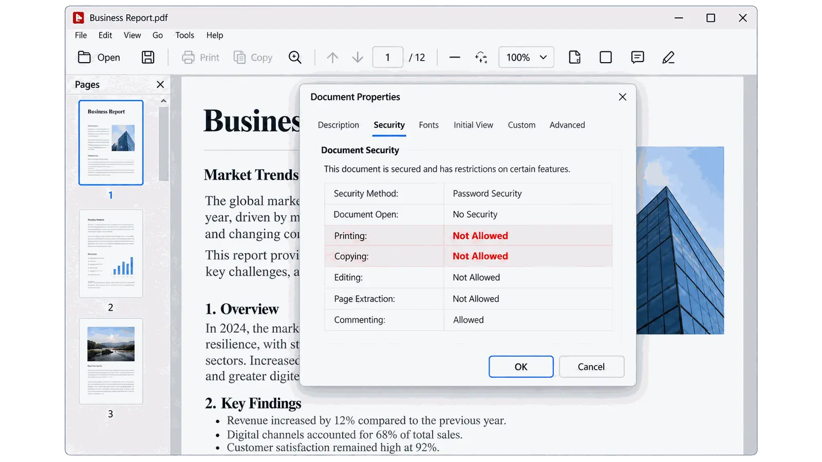 PDF document security properties showing printing and copying are not allowed