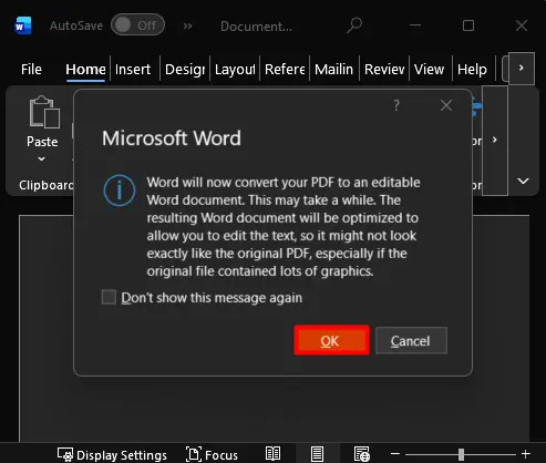 Microsoft Word displays a PDF conversion message with an OK button to open the PDF as an editable document