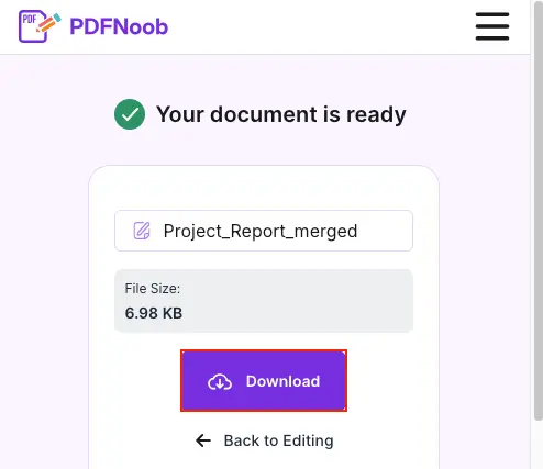 Download the completed merged PDF from PDFNoob