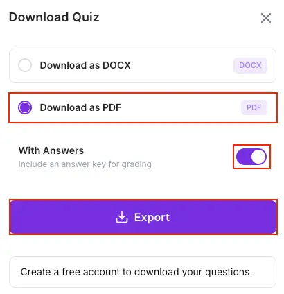 Select Download as PDF, enable With Answers, and click Export in PDFNoob to download a generated question paper