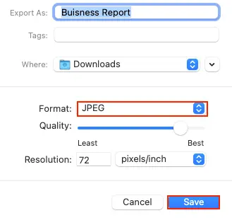 Select JPEG as the export format, adjust quality and resolution, then click Save