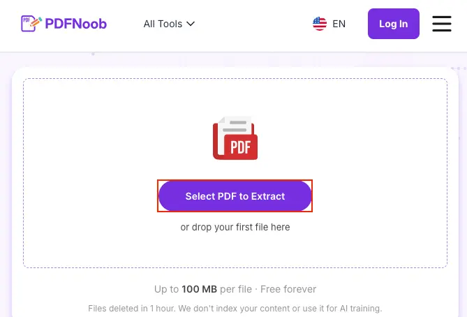 Go to PDFNoob’s Extract PDF Pages tool and upload your PDF to extract pages