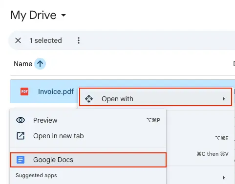 Right-click the scanned PDF in Google Drive and open it with Google Docs