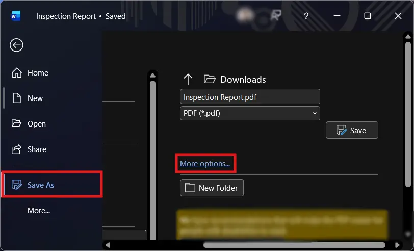 Select Save As in Microsoft Word and click More options to open the save dialog