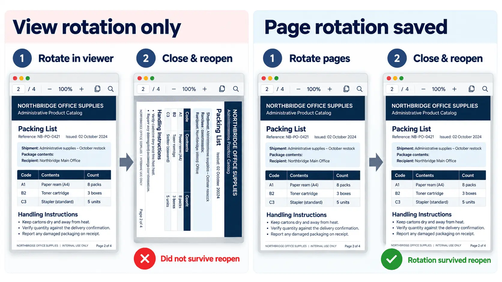 Comparison of temporary PDF viewer rotation and permanently saved page rotation