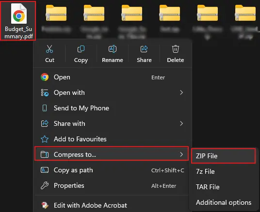 Select the PDF file and choose ZIP file from the Compress to option to ZIP PDF files on Windows