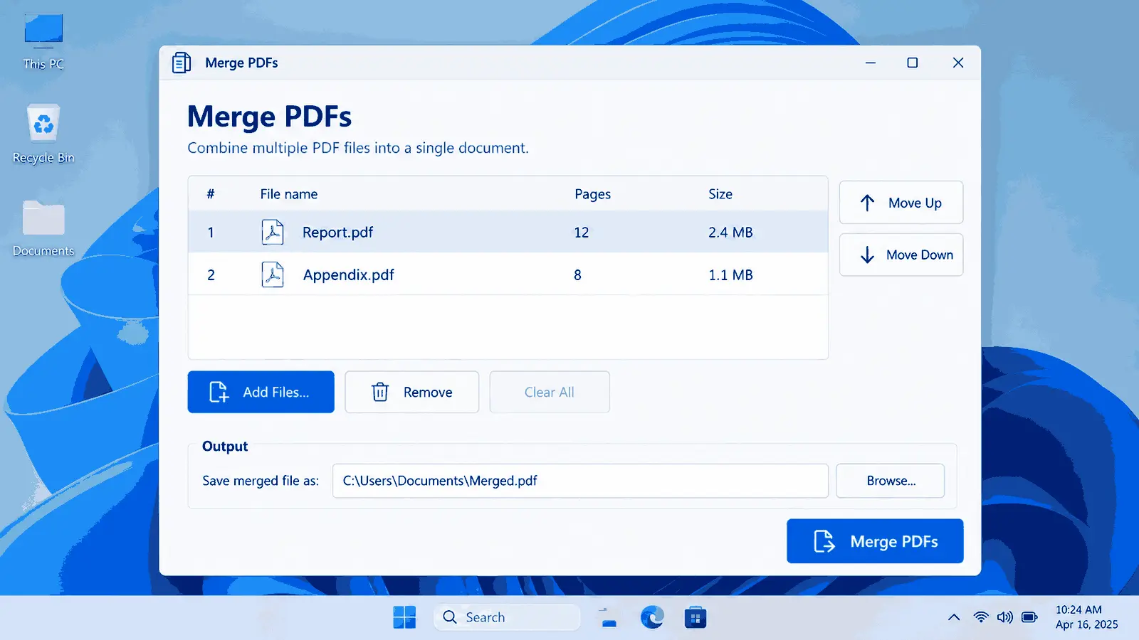 Windows PDF merger showing Report.pdf and Appendix.pdf ready to combine