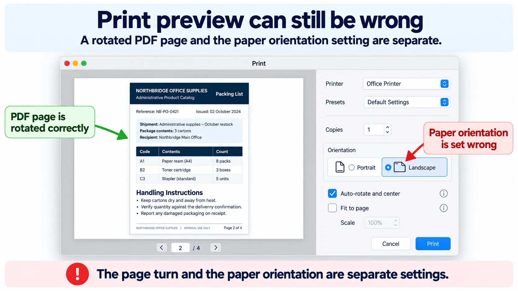 PDF print preview showing a correctly rotated page with the wrong paper orientation selected