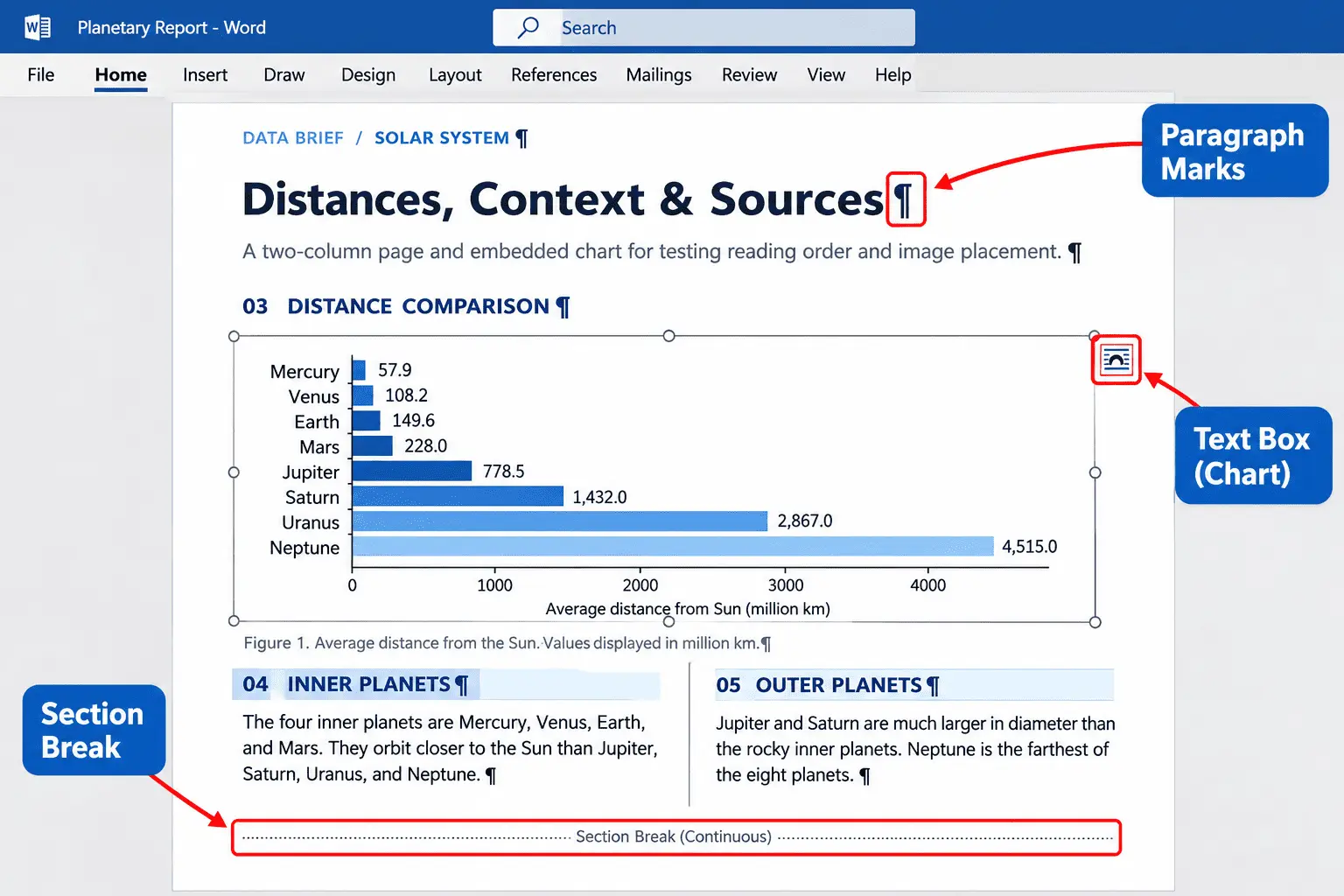 Microsoft Word shows paragraph marks, a chart layout icon, and a continuous section break after PDF conversion