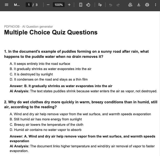 PDF quiz generated by PDFNoob showing multiple-choice questions about evaporation, four answer options, correct answers, and AI Analysis explanations.