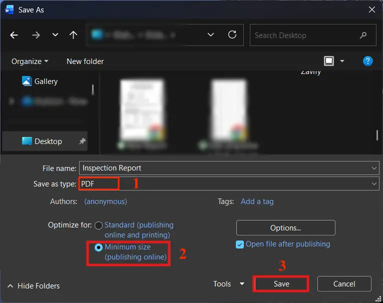 Select PDF as the file type, choose Minimum size optimization, and click Save in Microsoft Word