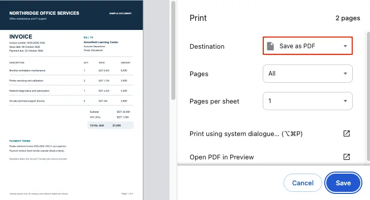 Select Save as PDF in the browser print dialog to create a new PDF copy