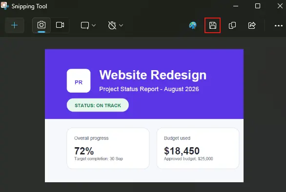 After taking the screenshot, click the Save icon to save as PNG